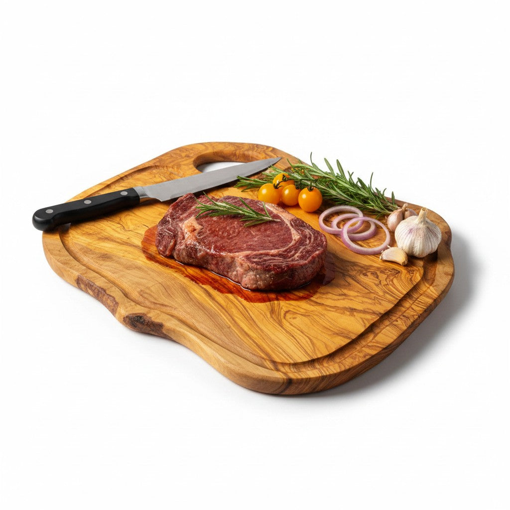 Handmade Olive Wood Burl Board with Handle & Juice Groove | Live Edge Freeform Charcuterie & Serving Board | Unique Grain | Multiple Sizes