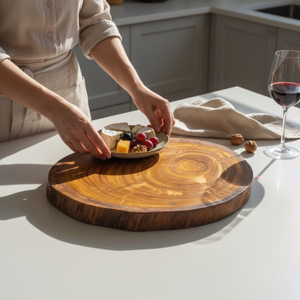 Handmade Natural Wood Trunk Slice Board | Live Edge Tree Cookie Serving &amp; Cheese Board | Unique Growth Ring Pattern | 25–40 cm