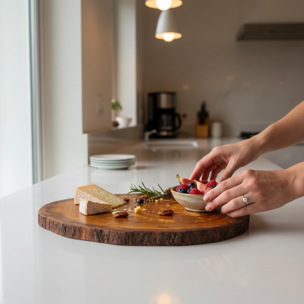 Handmade Natural Wood Trunk Slice Board | Live Edge Tree Cookie Serving &amp; Cheese Board | Unique Growth Ring Pattern | 25–40 cm
