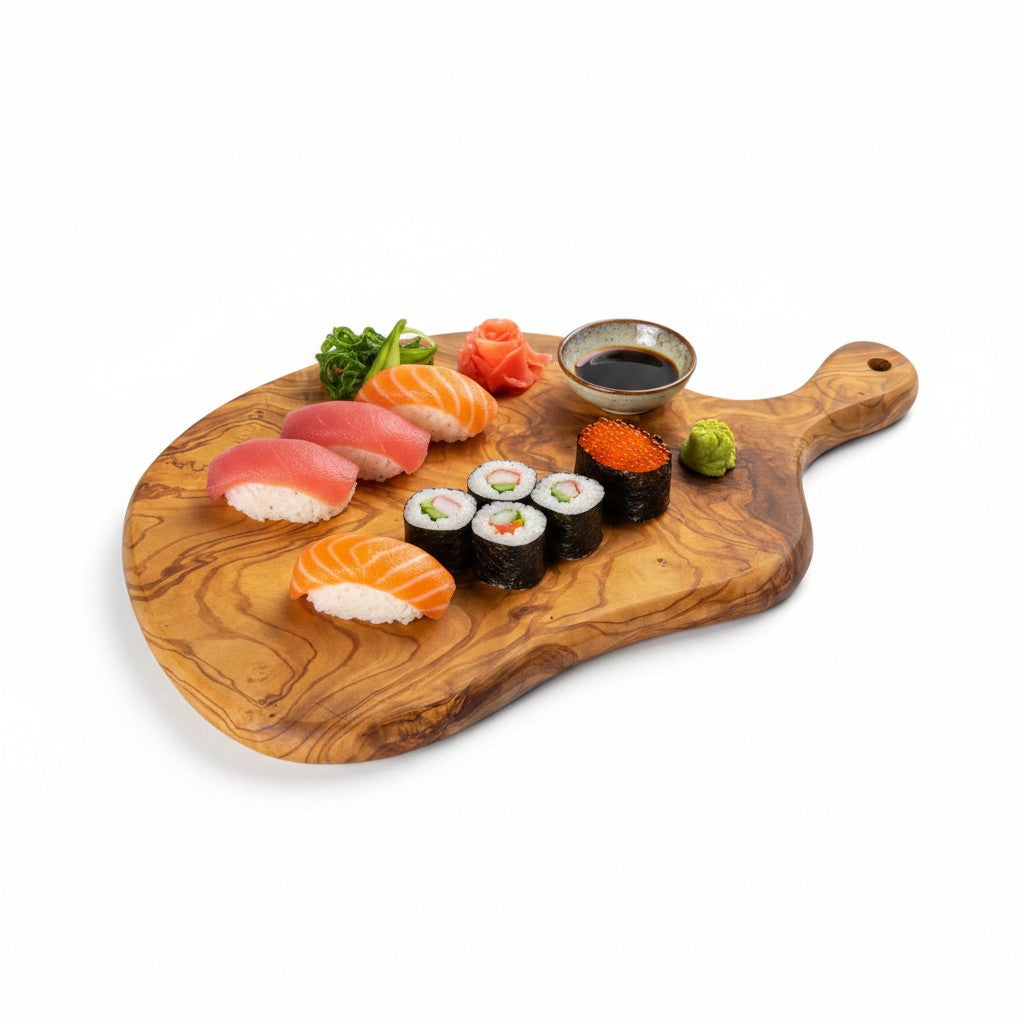 Olive Wood Medium Cutting Board with Handle 39 Handmade Olive Wood Round Freeform Charcuterie Board with Handle | Large Live Edge Cheese & Antipasti Serving Board | Bold Natural Grain | 33–46 cm