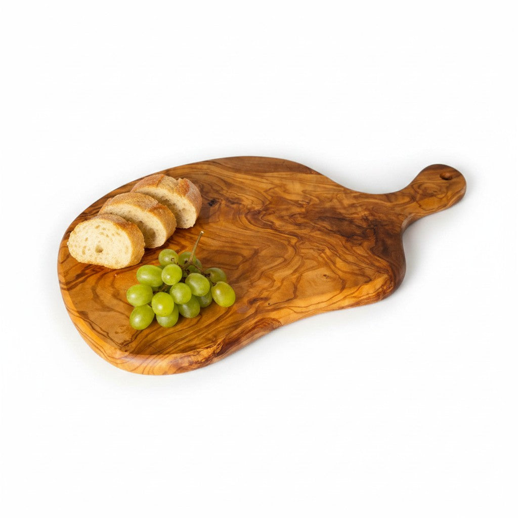 Olive Wood Medium Cutting Board with Handle 39 Handmade Olive Wood Round Freeform Charcuterie Board with Handle | Large Live Edge Cheese & Antipasti Serving Board | Bold Natural Grain | 33–46 cm