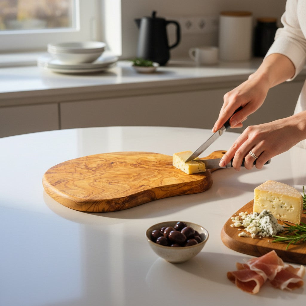 Olive Wood Medium Cutting Board with Handle 39 Handmade Olive Wood Round Freeform Charcuterie Board with Handle | Large Live Edge Cheese & Antipasti Serving Board | Bold Natural Grain | 33–46 cm