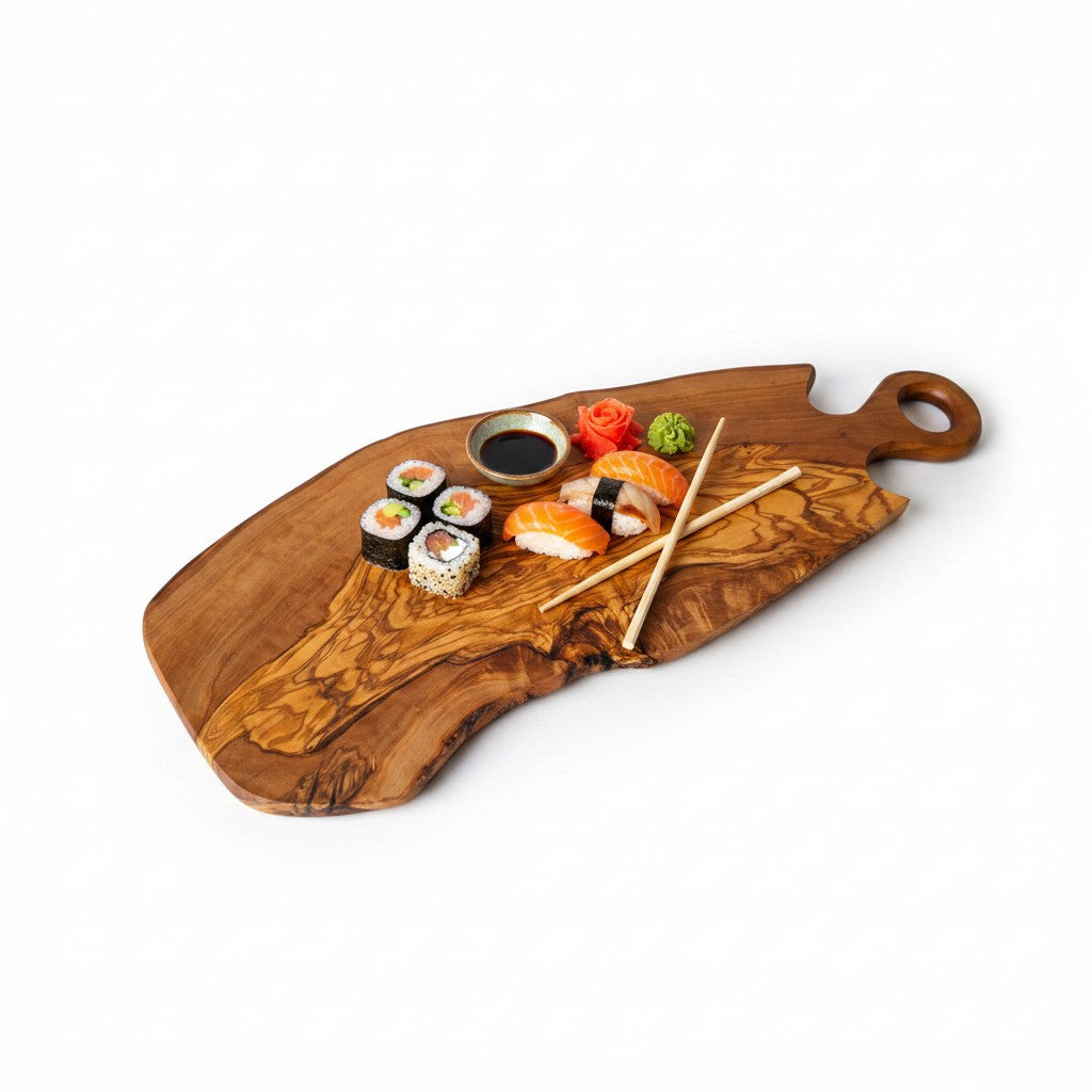 Handmade Olive Wood Freeform Serving Board with Round Loop Handle | Live Edge Cheese Charcuterie & Antipasti Board | Unique Grain | 35–50 cm