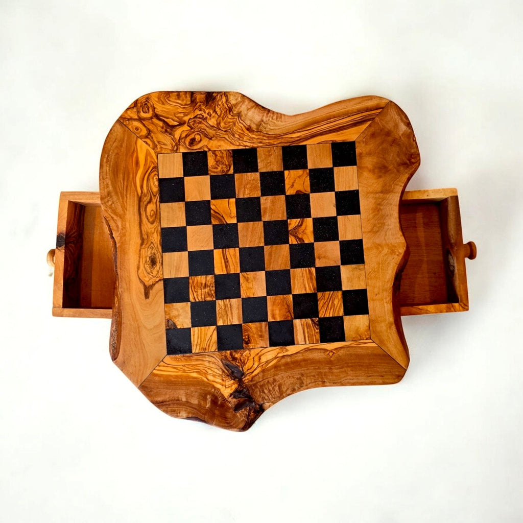 Handcrafted Olive Wood Chess Set with Drawer | Live Edge Red or Black Board