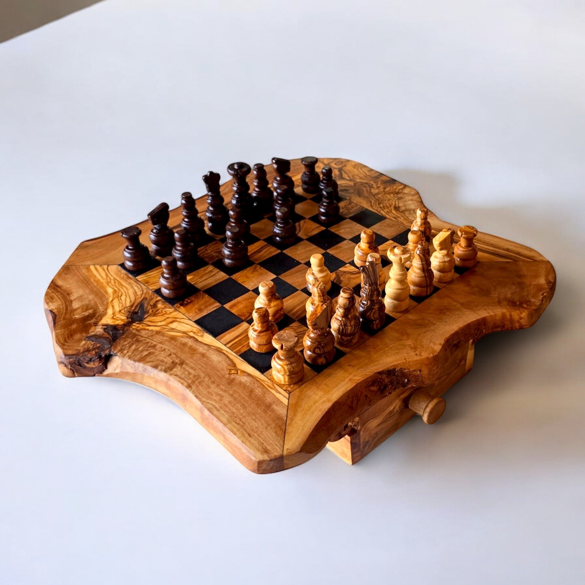 Handcrafted Olive Wood Chess Set with Drawer | Live Edge Red or Black Board