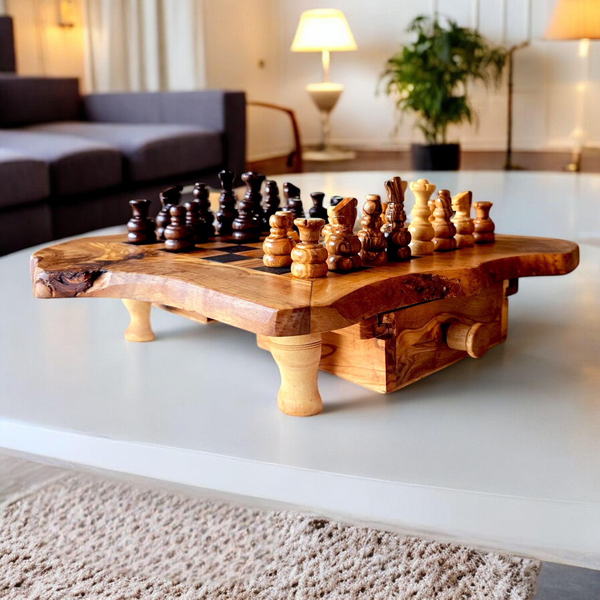 Handcrafted Olive Wood Chess Set with Drawer | Live Edge Red or Black Board