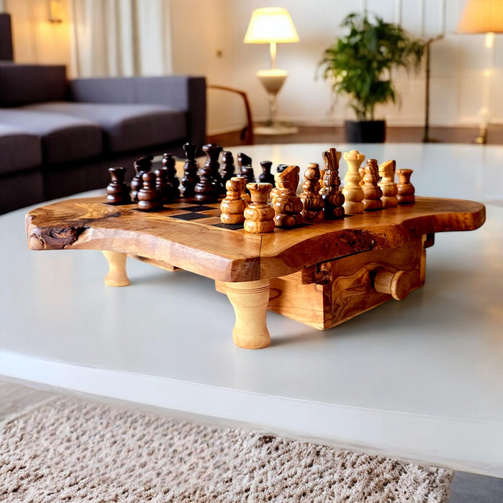 Handcrafted Olive Wood Chess Set with Drawer | Live Edge Red or Black Board