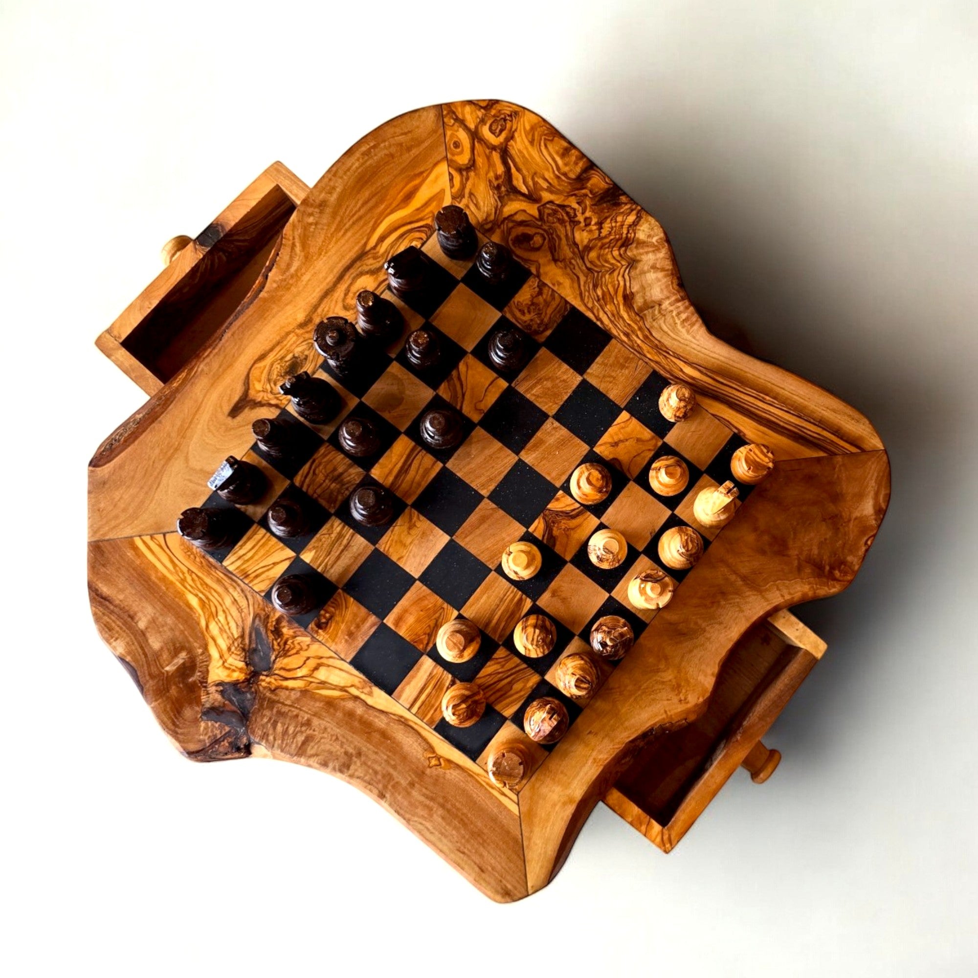 Handcrafted Olive Wood Chess Set with Drawer | Live Edge Red or Black Board