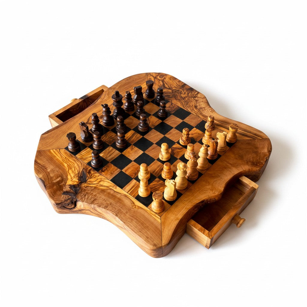 Handcrafted Olive Wood Chess Set with Drawer | Live Edge Red or Black Board