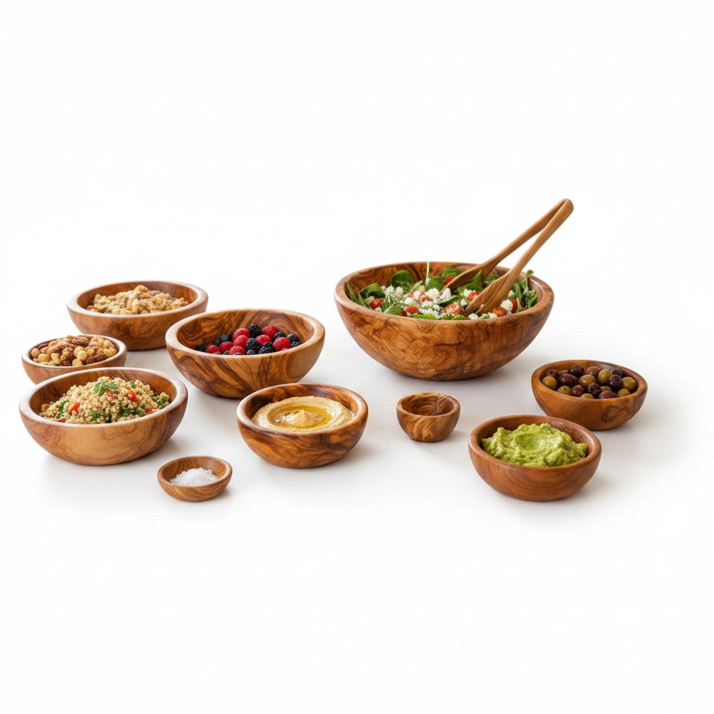 Handmade Olive Wood Bowl | Hand-Turned Wooden Salad Fruit & Serving Bowl | Beautiful Swirling Natural Grain | 6–20 cm