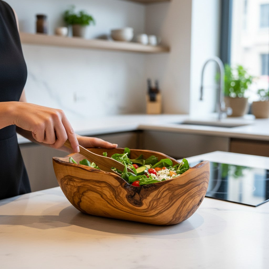 Hand-Carved Olive Wood Salad Bowl – Multi-Size Natural Rustic Serving Bowl (20cm - 45cm) – Artisan Fruit & Pasta Centerpiece Bowl