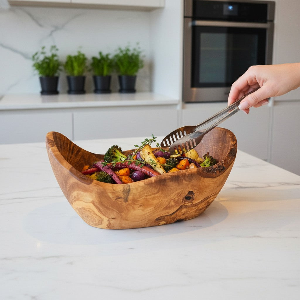 Hand-Carved Olive Wood Salad Bowl – Multi-Size Natural Rustic Serving Bowl (20cm - 45cm) – Artisan Fruit & Pasta Centerpiece Bowl