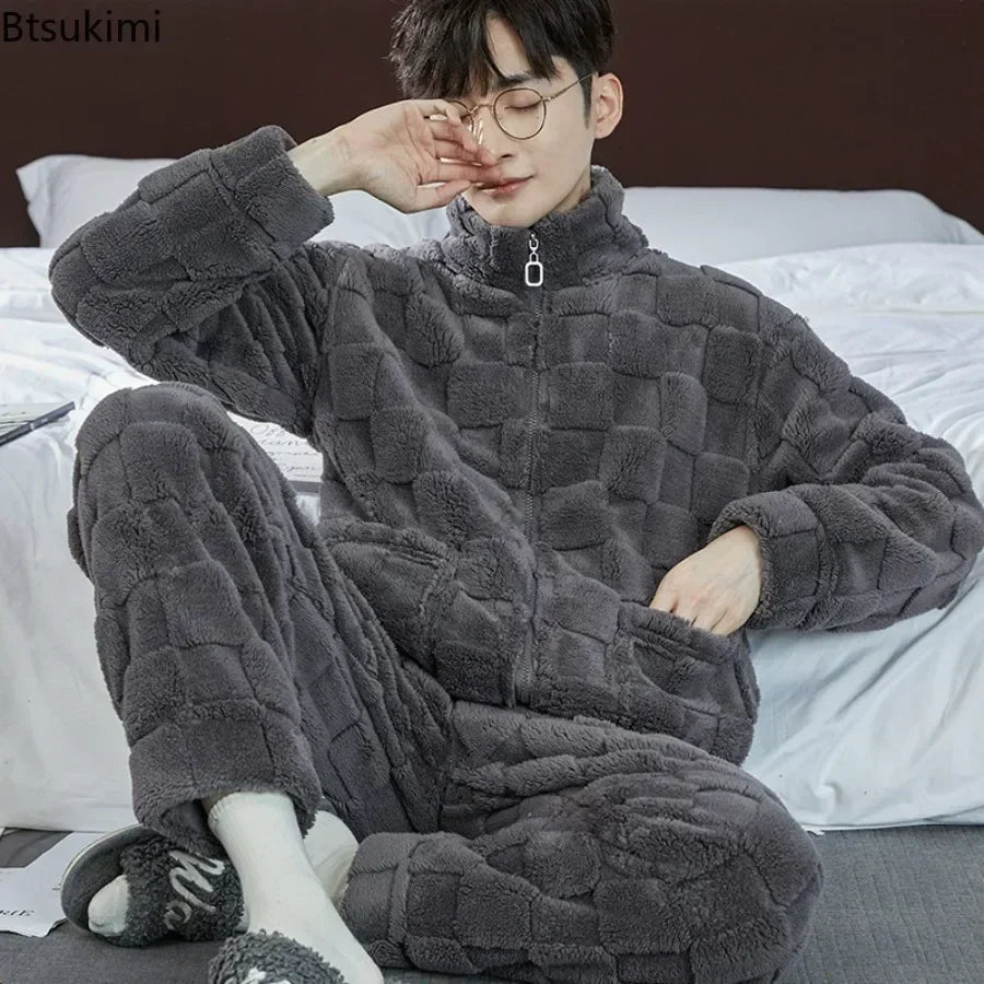 2025 Men’s Thicken Warm Pajamas Sets – Flannel 2-Piece Sleepwear for Autumn & Winter
