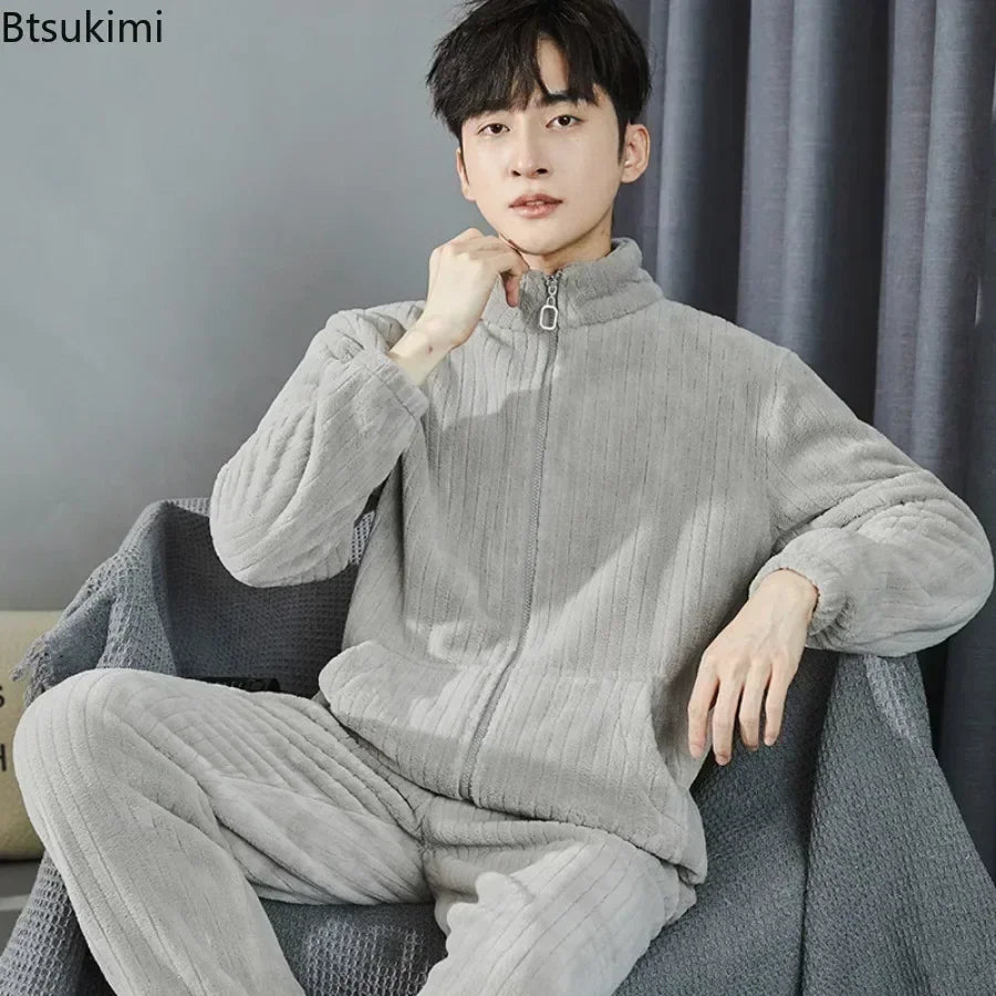 2025 Men’s Thicken Warm Pajamas Sets – Flannel 2-Piece Sleepwear for Autumn & Winter