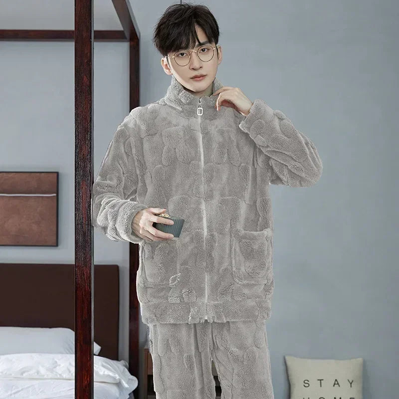 2025 Men’s Thicken Warm Pajamas Sets – Flannel 2-Piece Sleepwear for Autumn & Winter