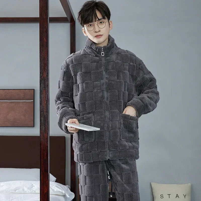2025 Men’s Thicken Warm Pajamas Sets – Flannel 2-Piece Sleepwear for Autumn & Winter