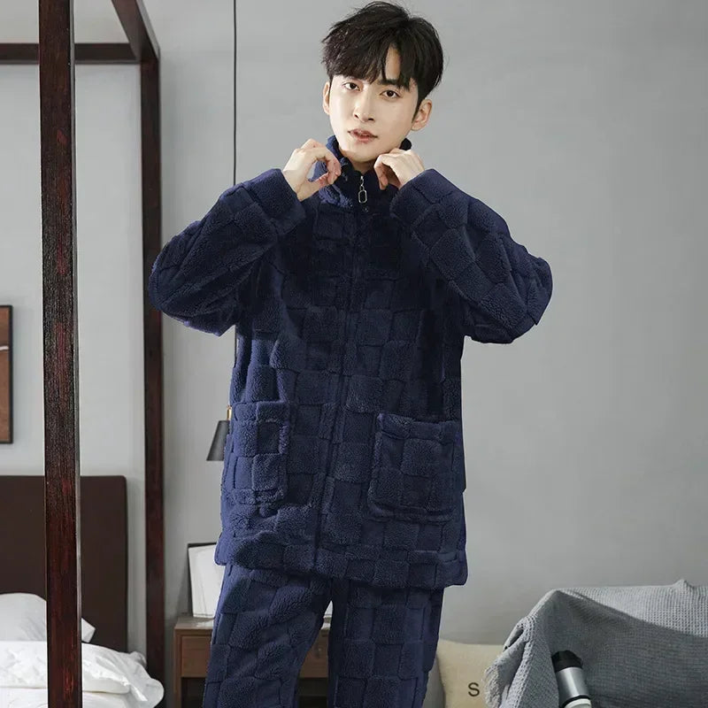 2025 Men’s Thicken Warm Pajamas Sets – Flannel 2-Piece Sleepwear for Autumn & Winter