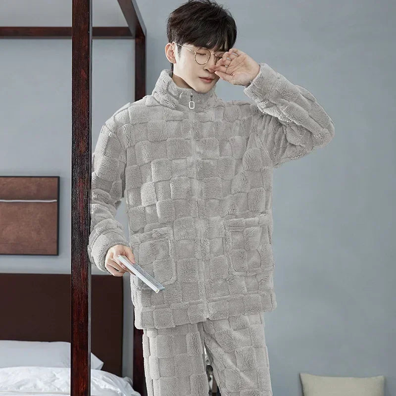 2025 Men’s Thicken Warm Pajamas Sets – Flannel 2-Piece Sleepwear for Autumn & Winter