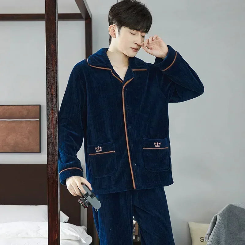 2025 Men’s Thicken Warm Pajamas Sets – Flannel 2-Piece Sleepwear for Autumn & Winter