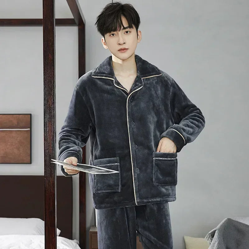 2025 Men’s Thicken Warm Pajamas Sets – Flannel 2-Piece Sleepwear for Autumn & Winter
