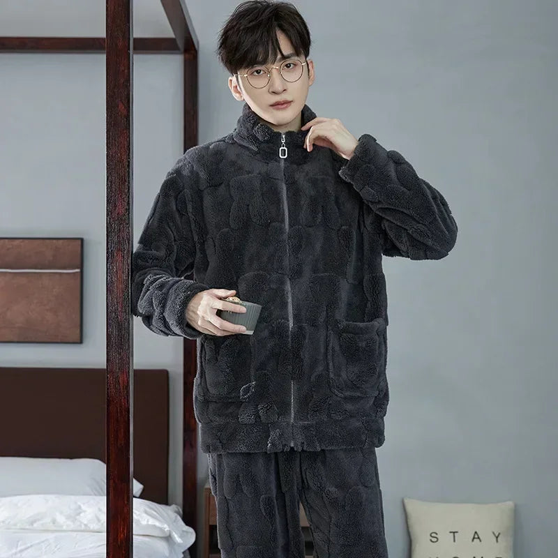 2025 Men’s Thicken Warm Pajamas Sets – Flannel 2-Piece Sleepwear for Autumn & Winter