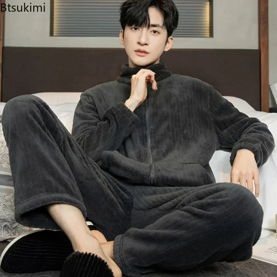 2025 Men’s Thicken Warm Pajamas Sets – Flannel 2-Piece Sleepwear for Autumn & Winter