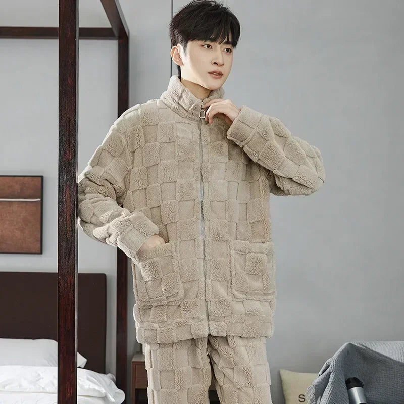 2025 Men’s Thicken Warm Pajamas Sets – Flannel 2-Piece Sleepwear for Autumn & Winter