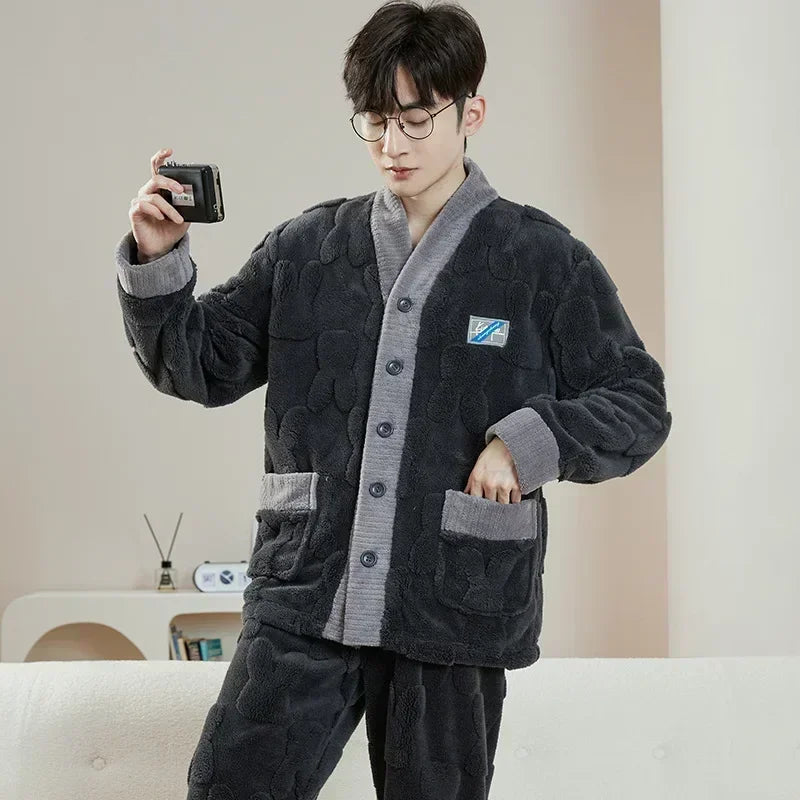 2025 Men’s Thicken Warm Pajamas Sets – Flannel 2-Piece Sleepwear for Autumn & Winter