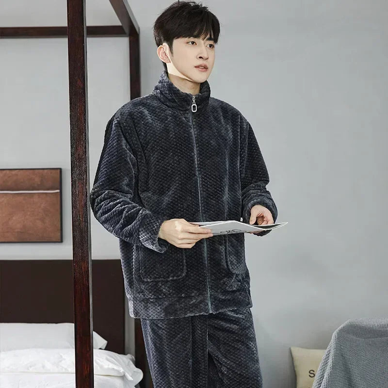 2025 Men’s Thicken Warm Pajamas Sets – Flannel 2-Piece Sleepwear for Autumn & Winter