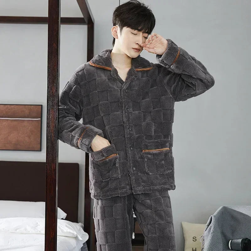 2025 Men’s Thicken Warm Pajamas Sets – Flannel 2-Piece Sleepwear for Autumn & Winter