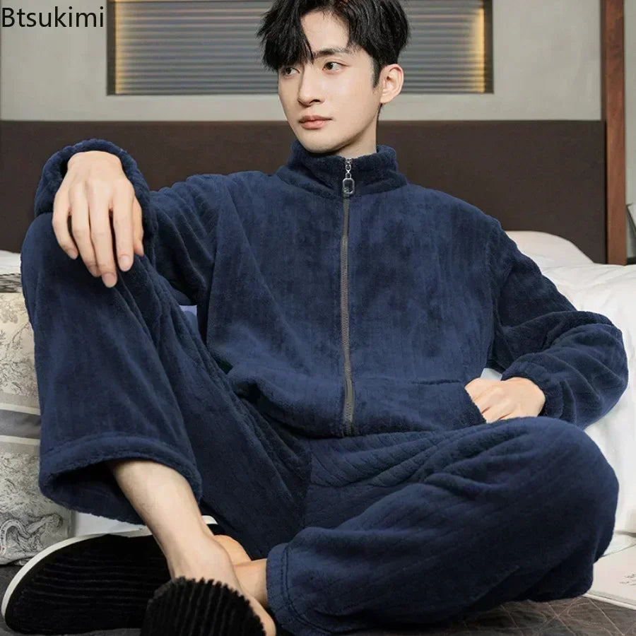 2025 Men’s Thicken Warm Pajamas Sets – Flannel 2-Piece Sleepwear for Autumn & Winter