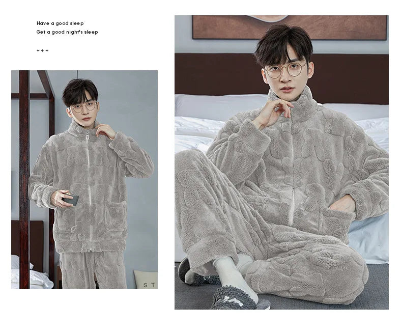 2025 Men’s Thicken Warm Pajamas Sets – Flannel 2-Piece Sleepwear for Autumn & Winter