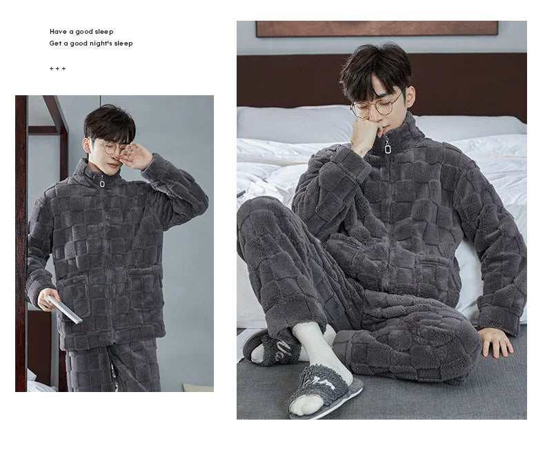 2025 Men’s Thicken Warm Pajamas Sets – Flannel 2-Piece Sleepwear for Autumn & Winter