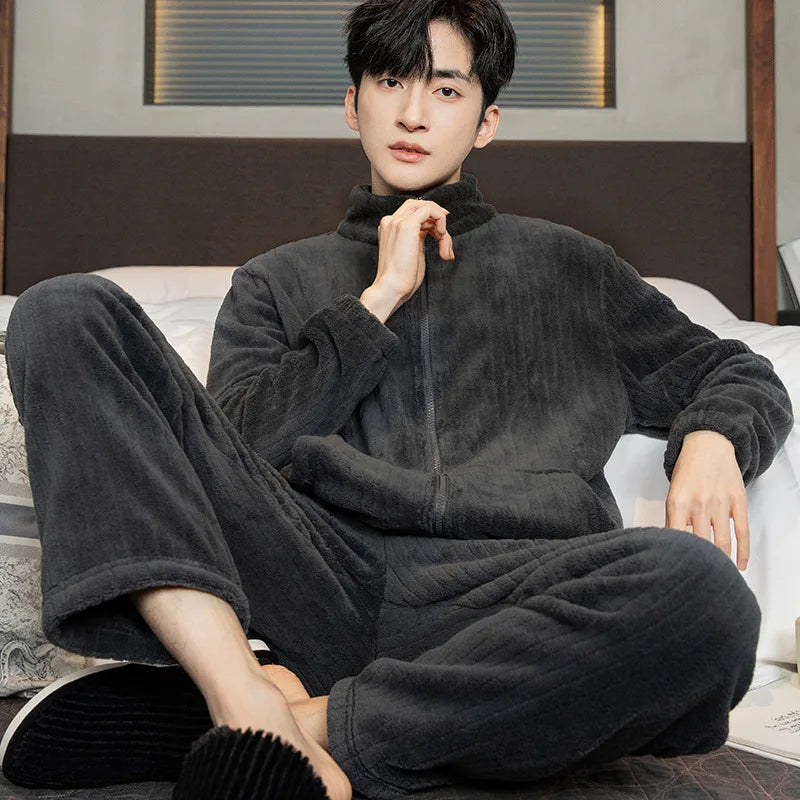 2025 Men’s Thicken Warm Pajamas Sets – Flannel 2-Piece Sleepwear for Autumn & Winter