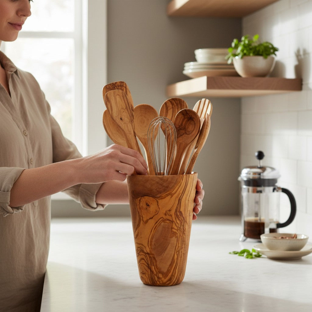 Olive Wood Cutlery & Utensils Holder 19 cm, wooden holder, gift