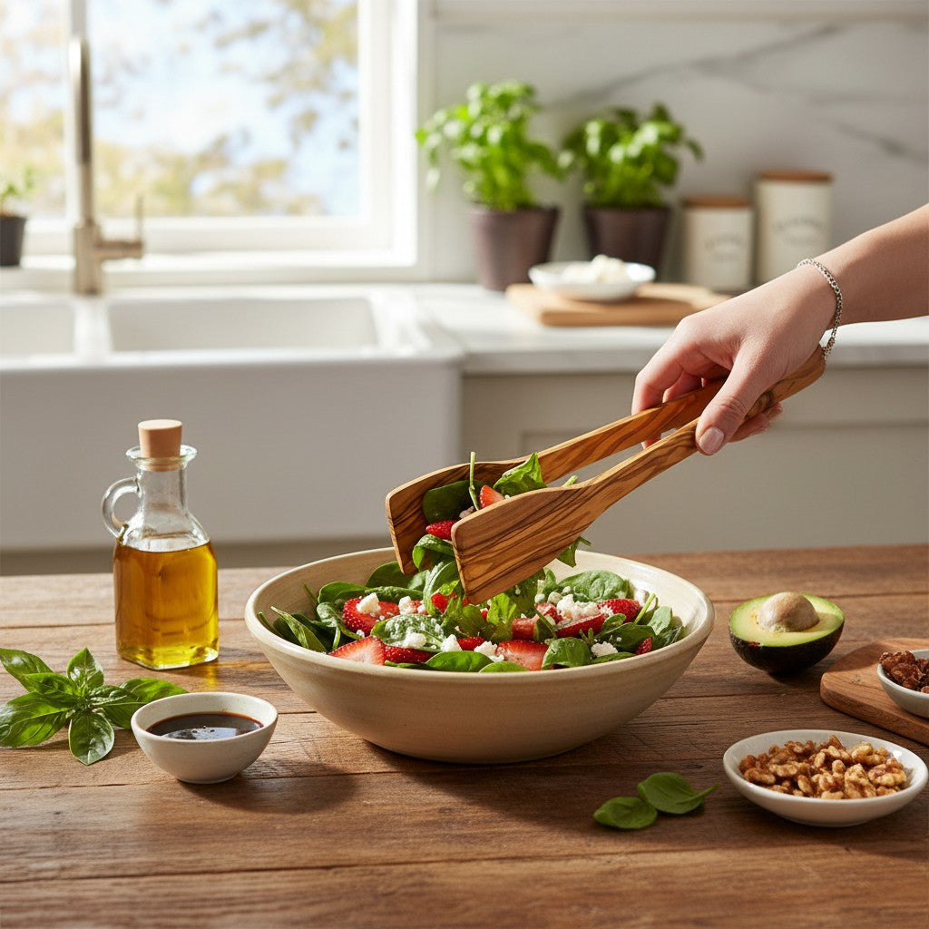 Olive Wood Handcrafted Wooden Salad Tongs
