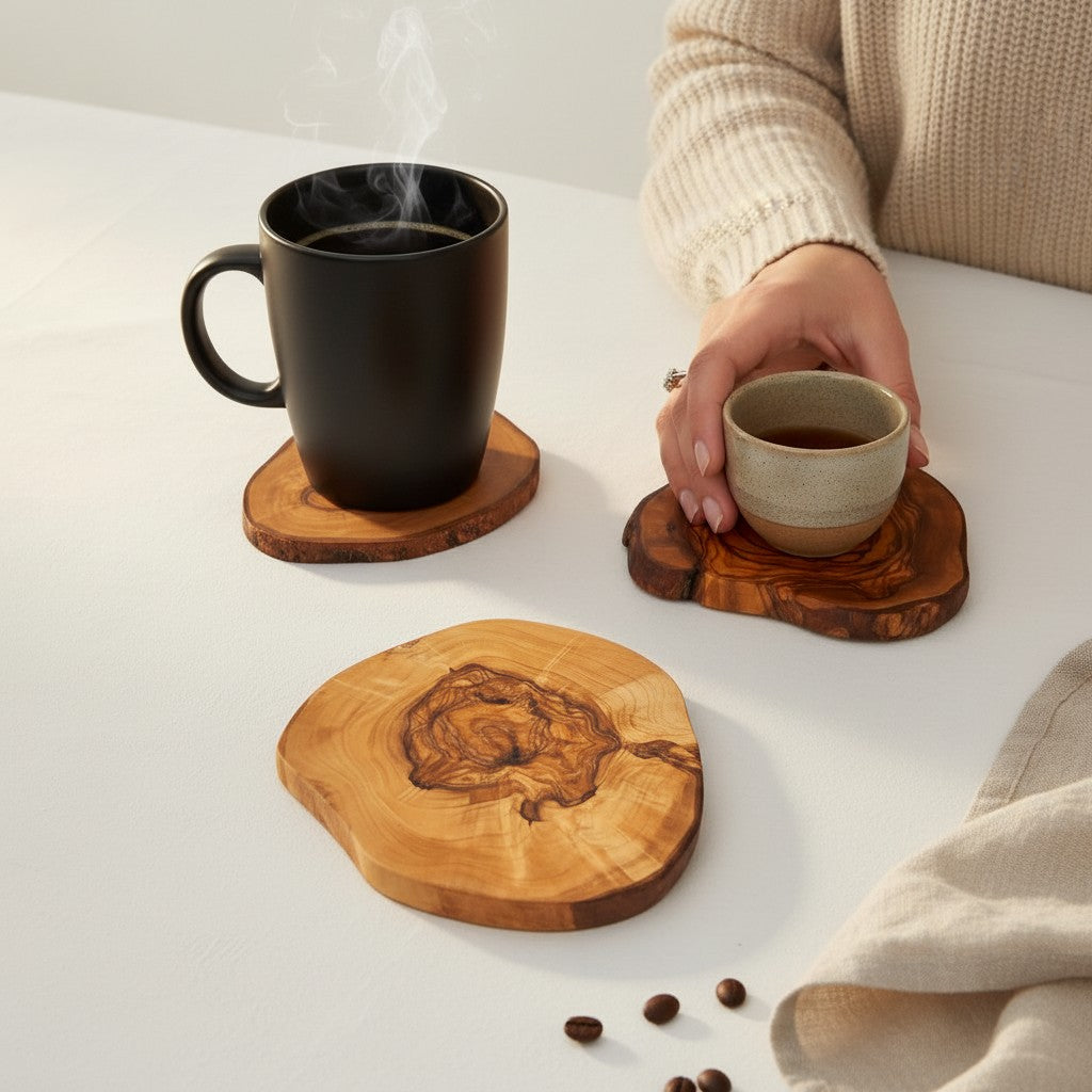 Olive Wood Hand Crafted Rustic Natural Look Wooden Coaster Set (1,2,4,6)