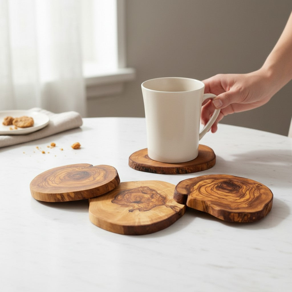 Olive Wood Hand Crafted Rustic Natural Look Wooden Coaster Set (1,2,4,6)