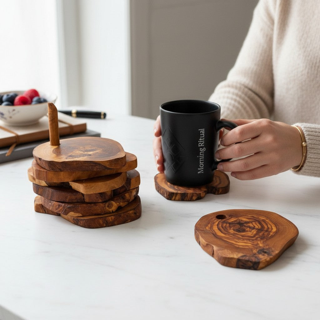 Olive Wood Rustic Coaster Set of 6 with Holder 12 cm