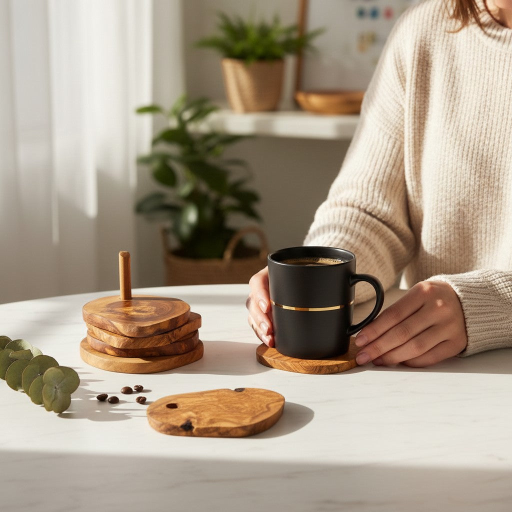 Olive Wood Rustic Coaster Set of 6 with Holder 12 cm