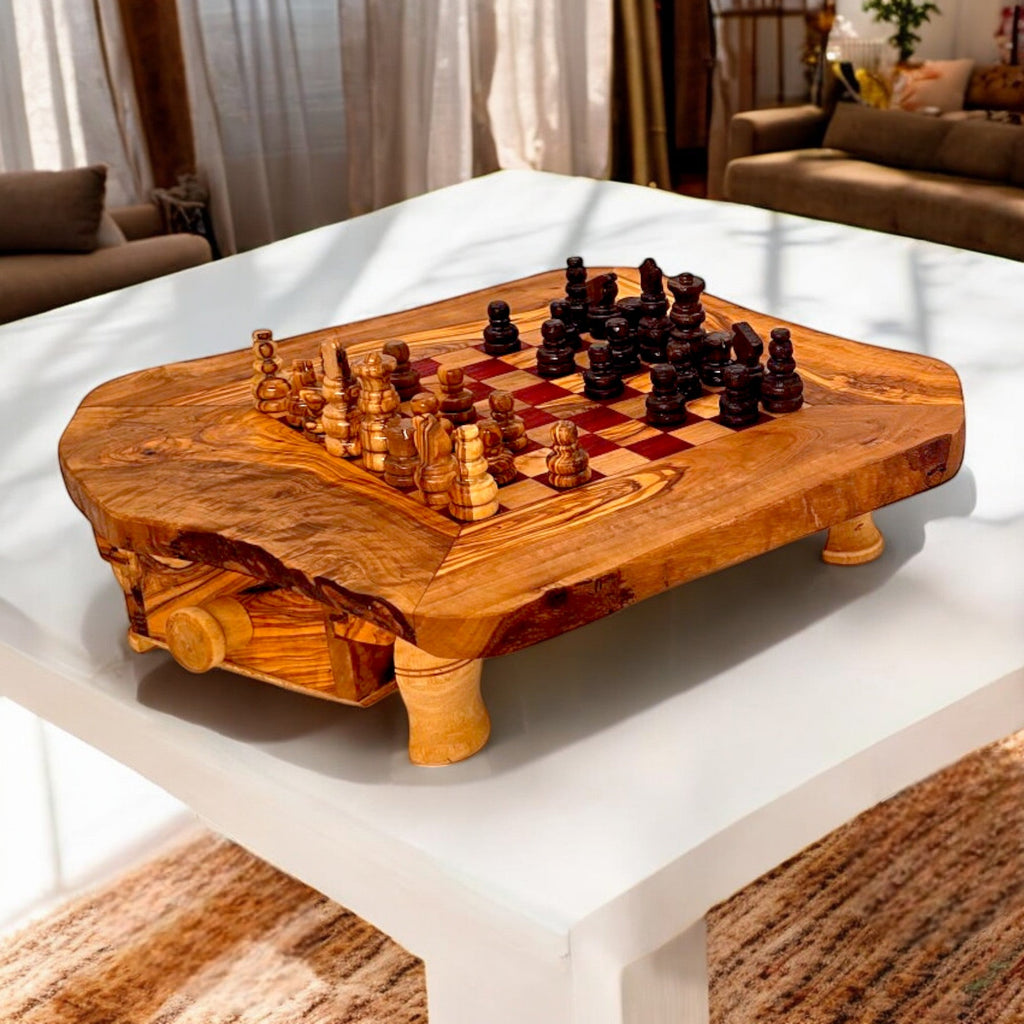 Handcrafted Olive Wood Chess Set with Drawer | Live Edge Red or Black Board