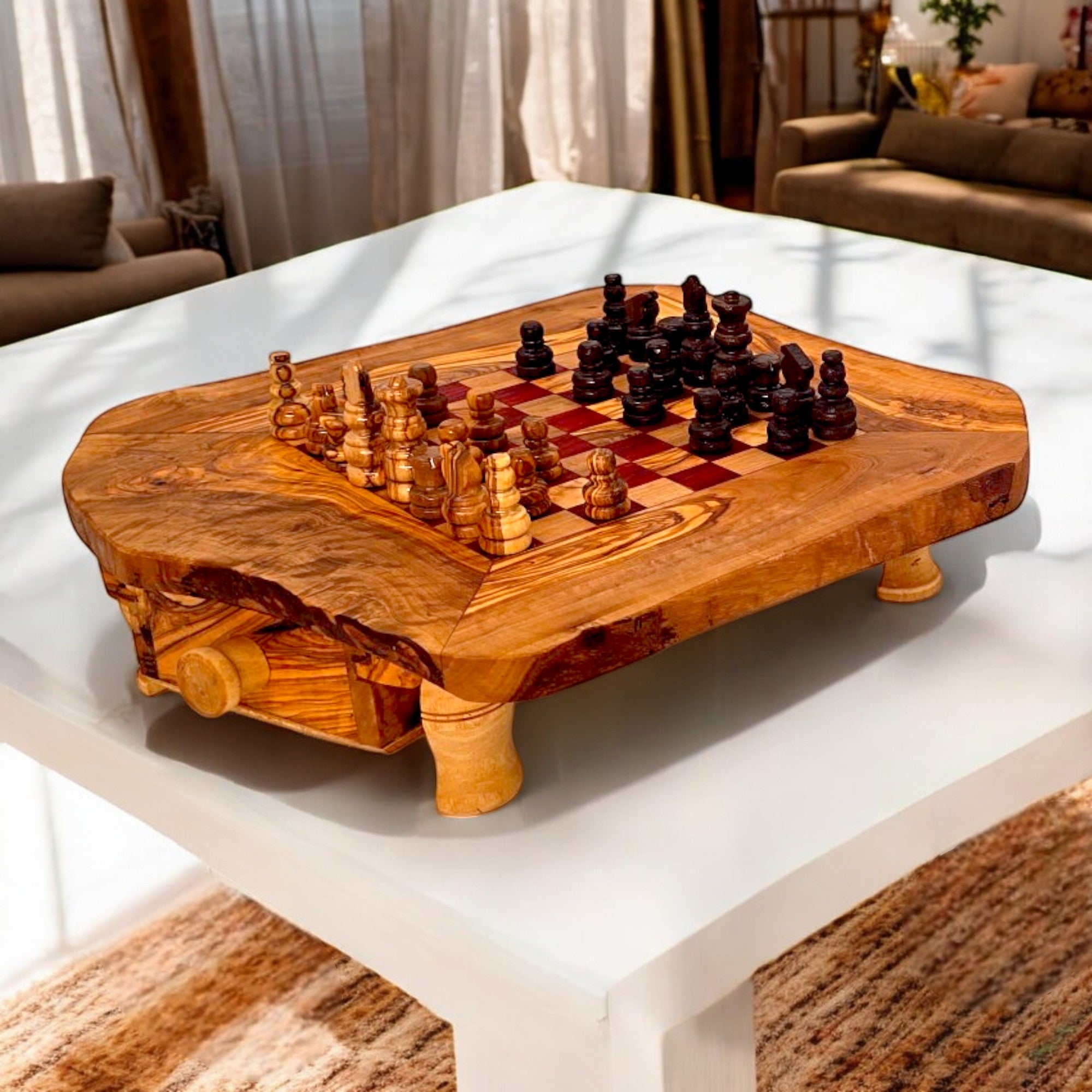 Handcrafted Olive Wood Chess Set with Drawer | Live Edge Red or Black Board