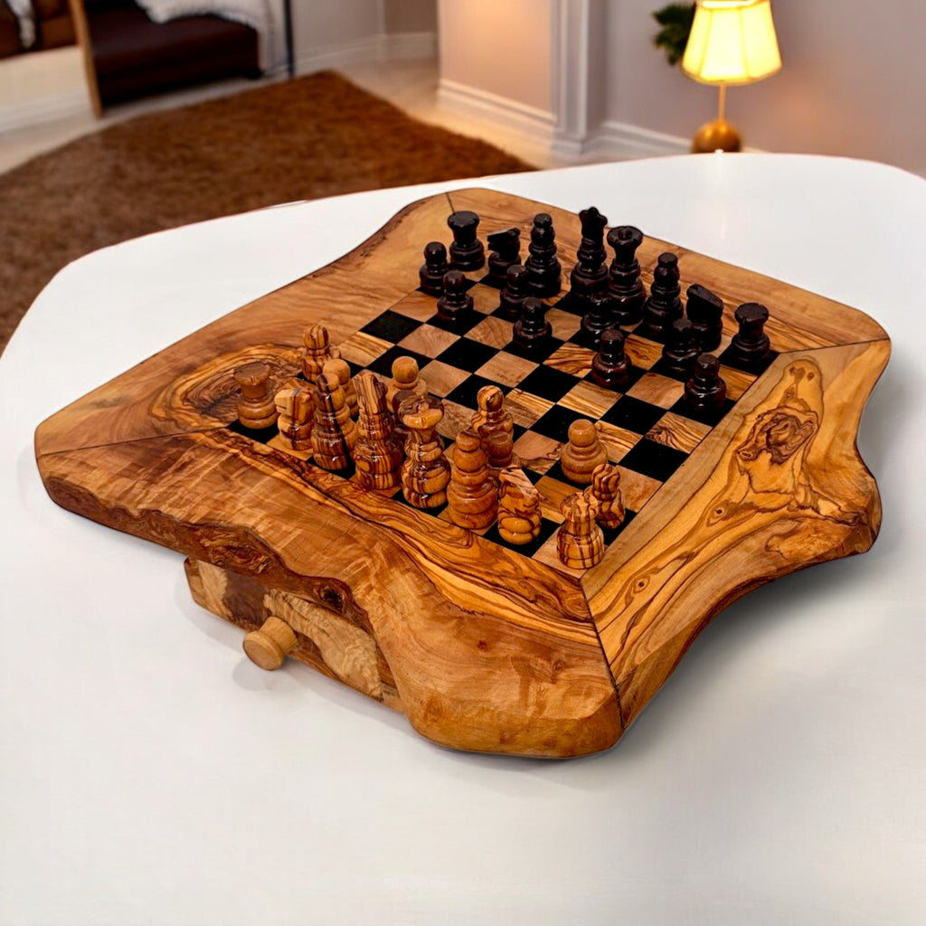 Handcrafted Olive Wood Chess Set with Drawer | Live Edge Red or Black Board