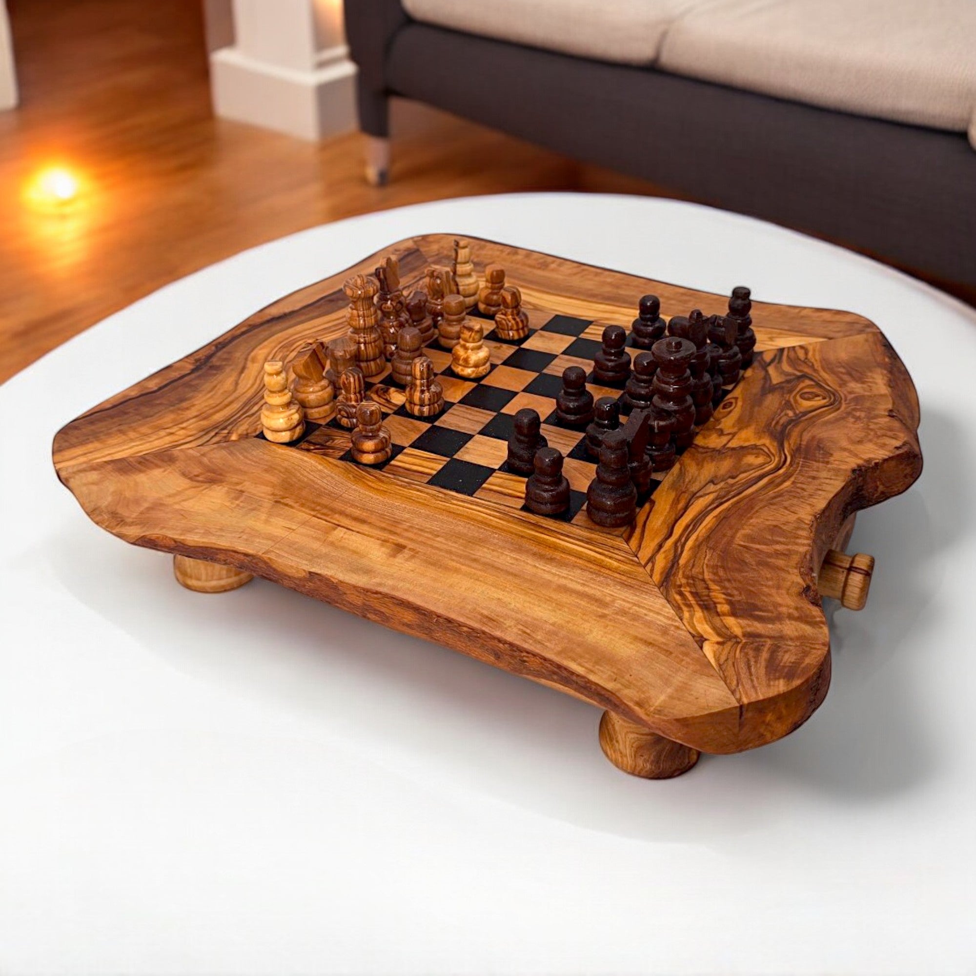 Handcrafted Olive Wood Chess Set with Drawer | Live Edge Red or Black Board