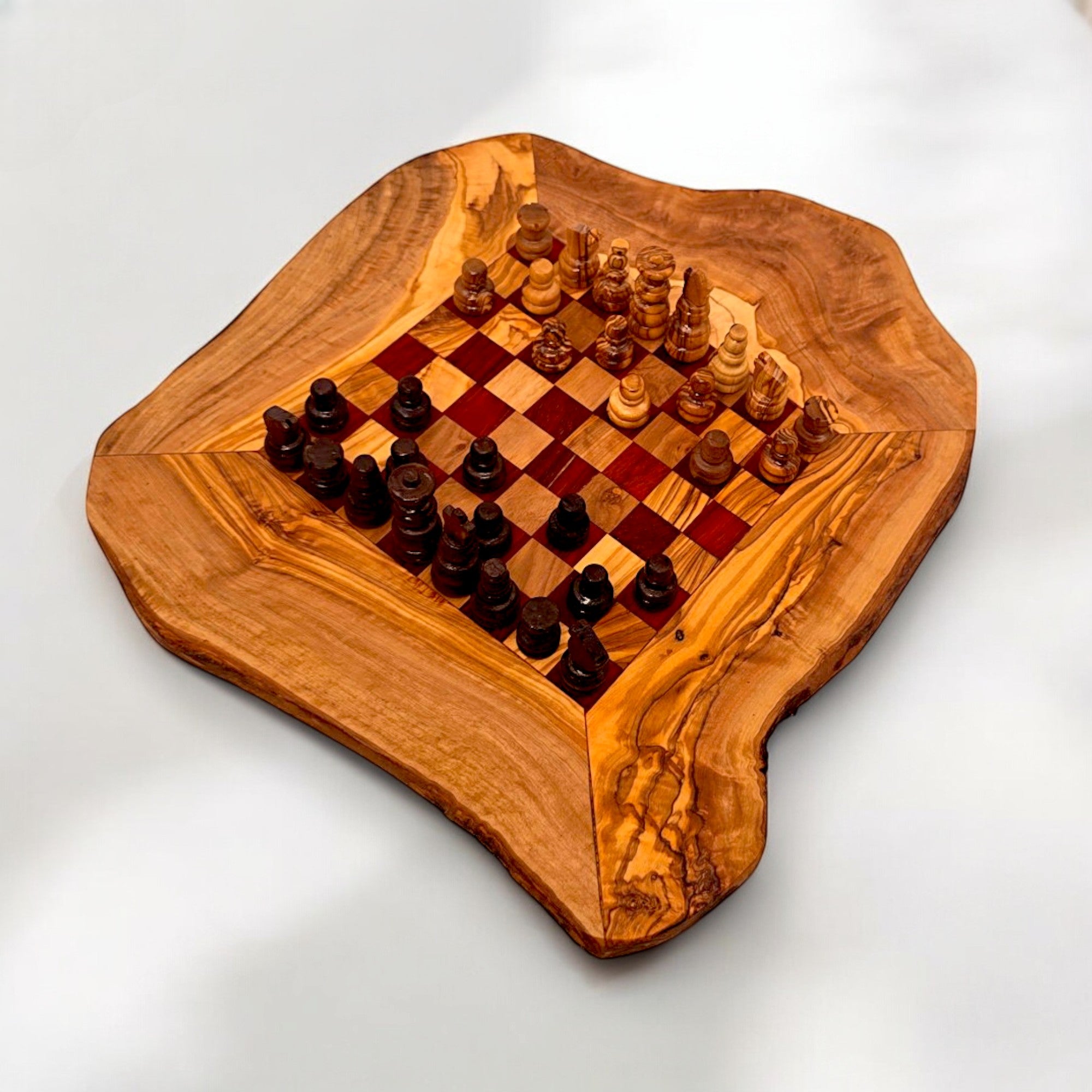 Handcrafted Olive Wood Chess Set | Red or Black Playing Area | Live Edge Board
