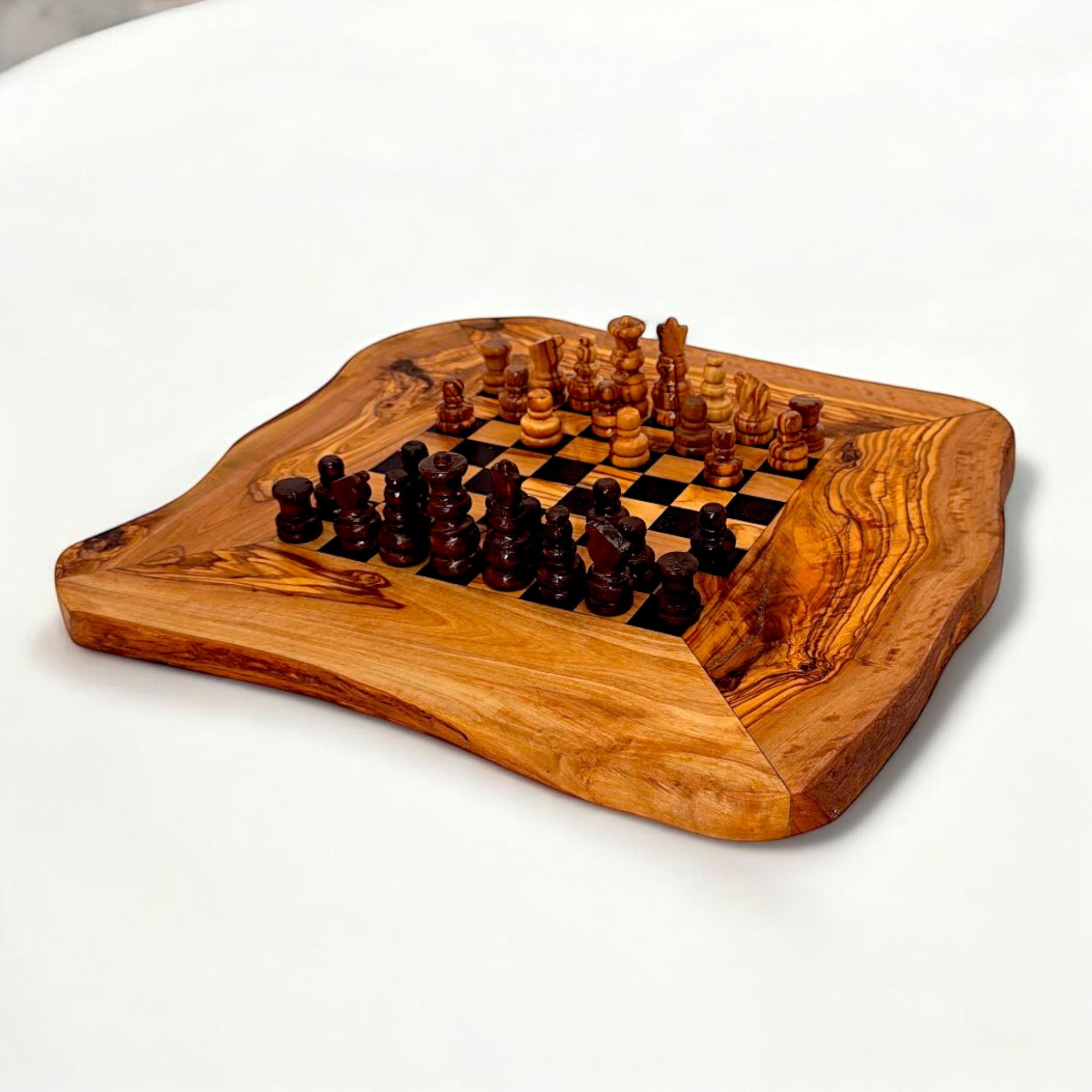 Handcrafted Olive Wood Chess Set | Red or Black Playing Area | Live Edge Board