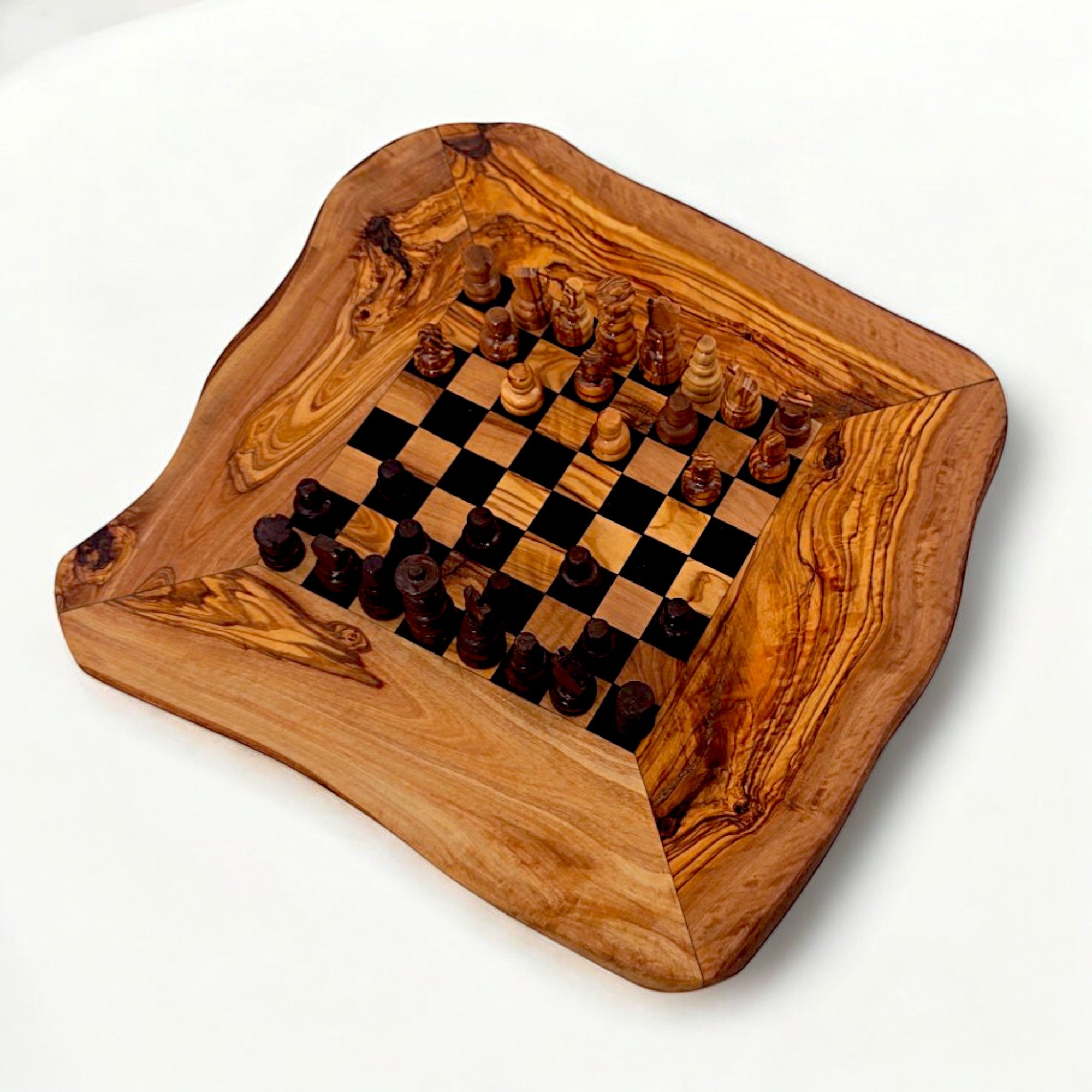 Handcrafted Olive Wood Chess Set | Red or Black Playing Area | Live Edge Board