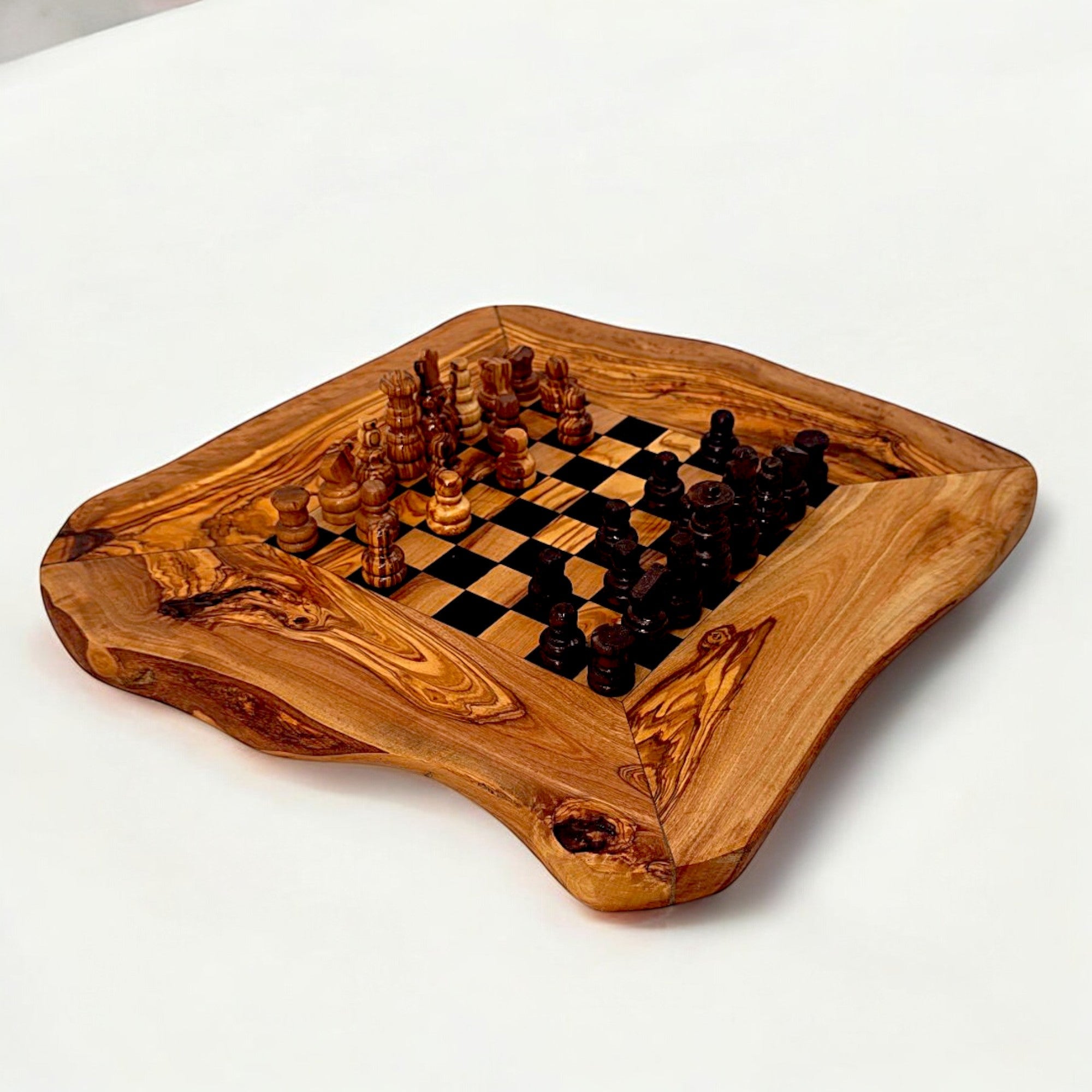 Handcrafted Olive Wood Chess Set | Red or Black Playing Area | Live Edge Board
