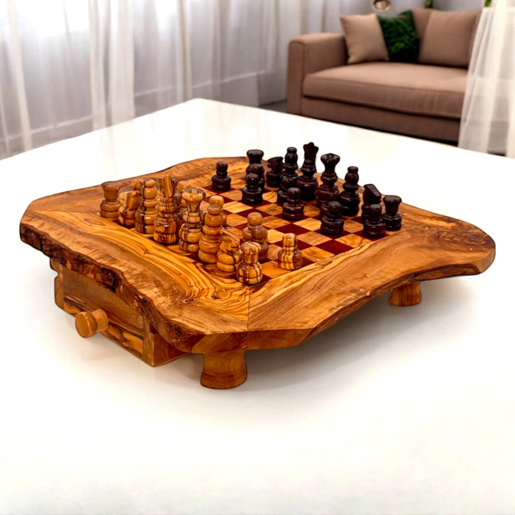 Handcrafted Olive Wood Chess Set with Drawer | Live Edge Red or Black Board