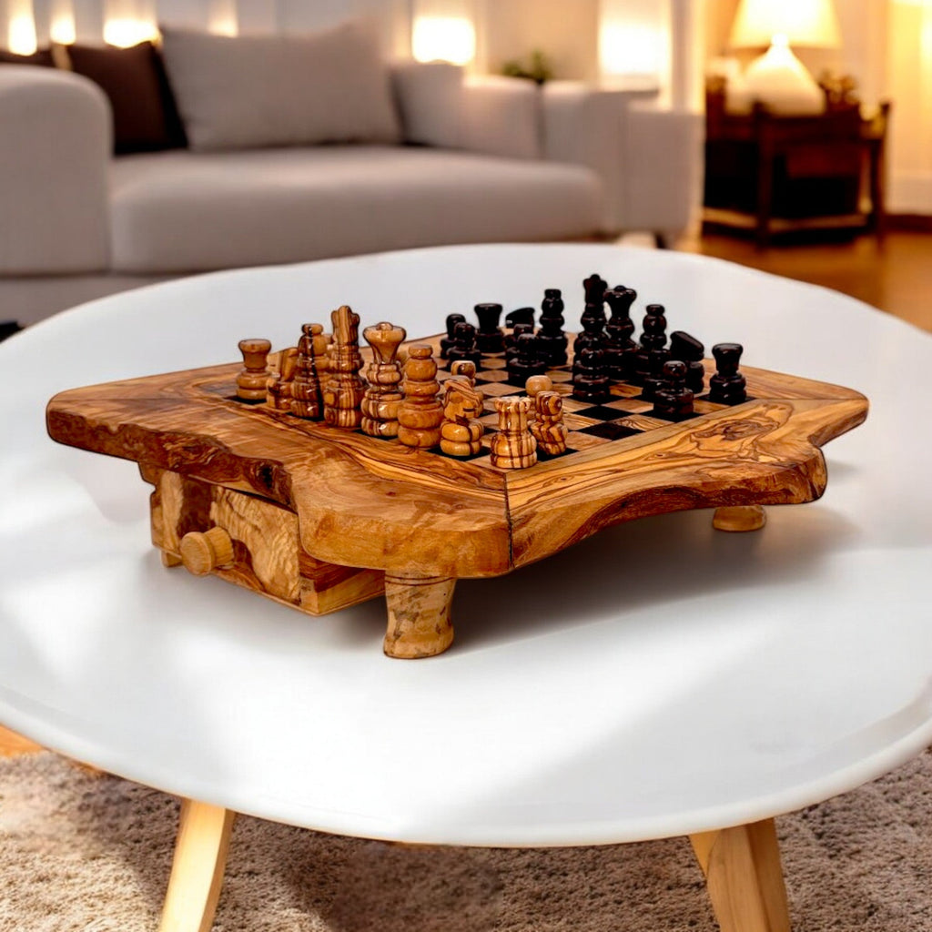 Handcrafted Olive Wood Chess Set with Drawer | Live Edge Red or Black Board